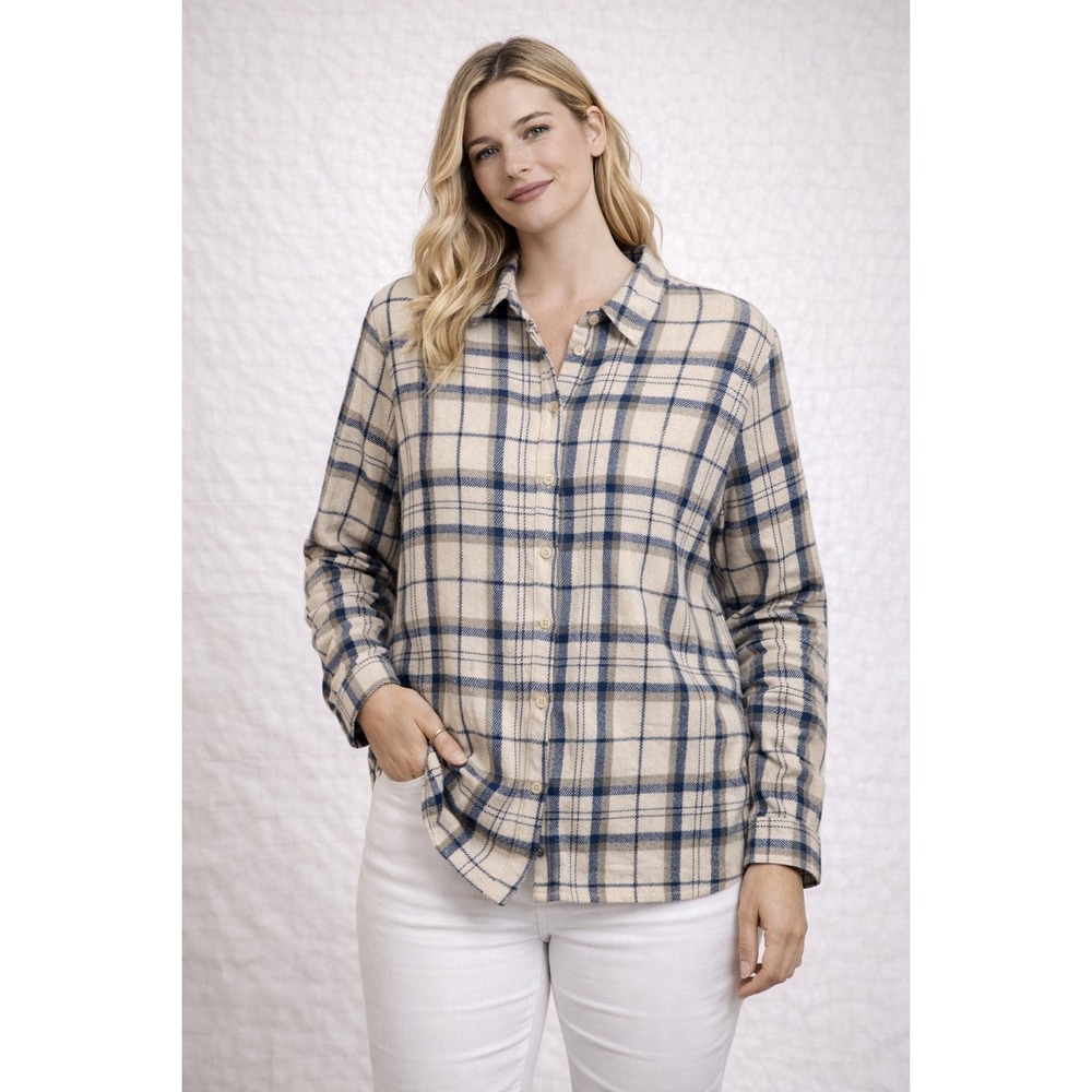 PrettyLittleThing Womens Plaid Flannel Button Down Shirt‎ Cream Blue Size 2